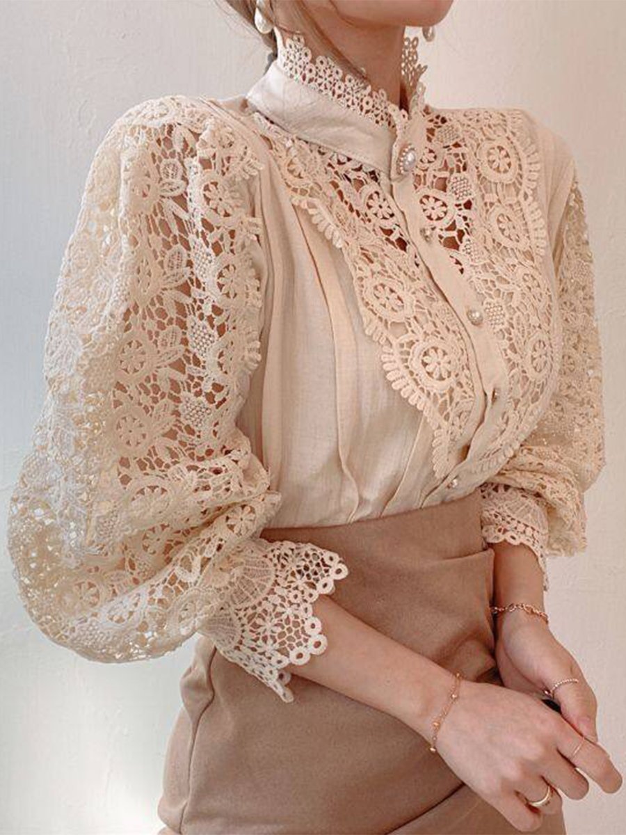 Vintage-Inspired Lace Blouse with Pearl Button Details
