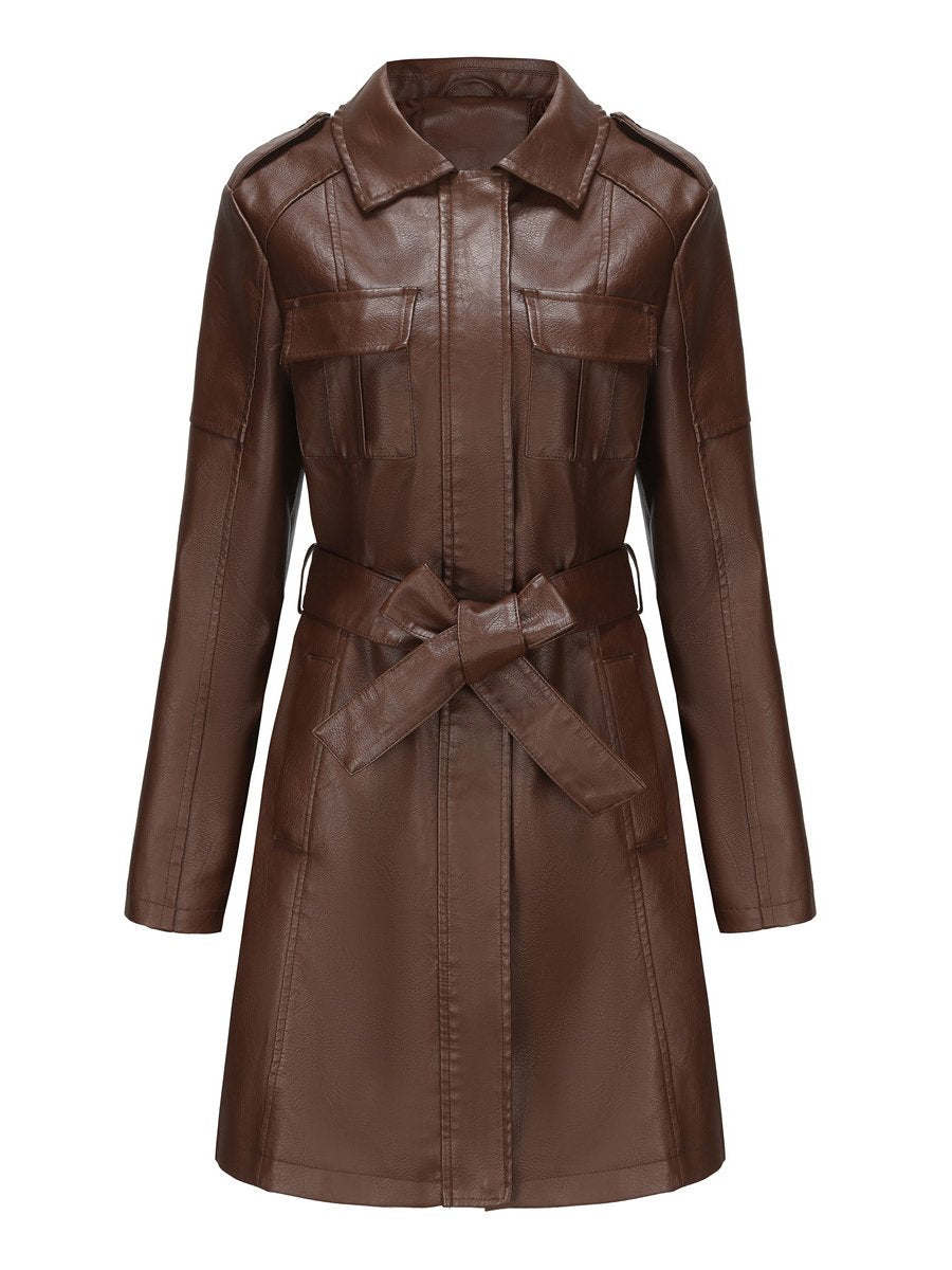 Classic Faux Leather Plain Long-sleeved Trench Coat with Belt