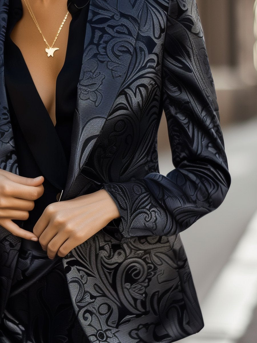 Sophisticated Black Jacquard Blazer with Floral Motifs