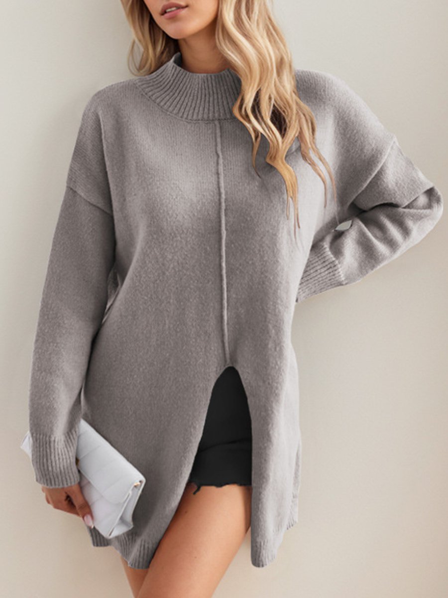 Chic Solid Color Half Turtleneck Side-Slit Pullover Sweater
