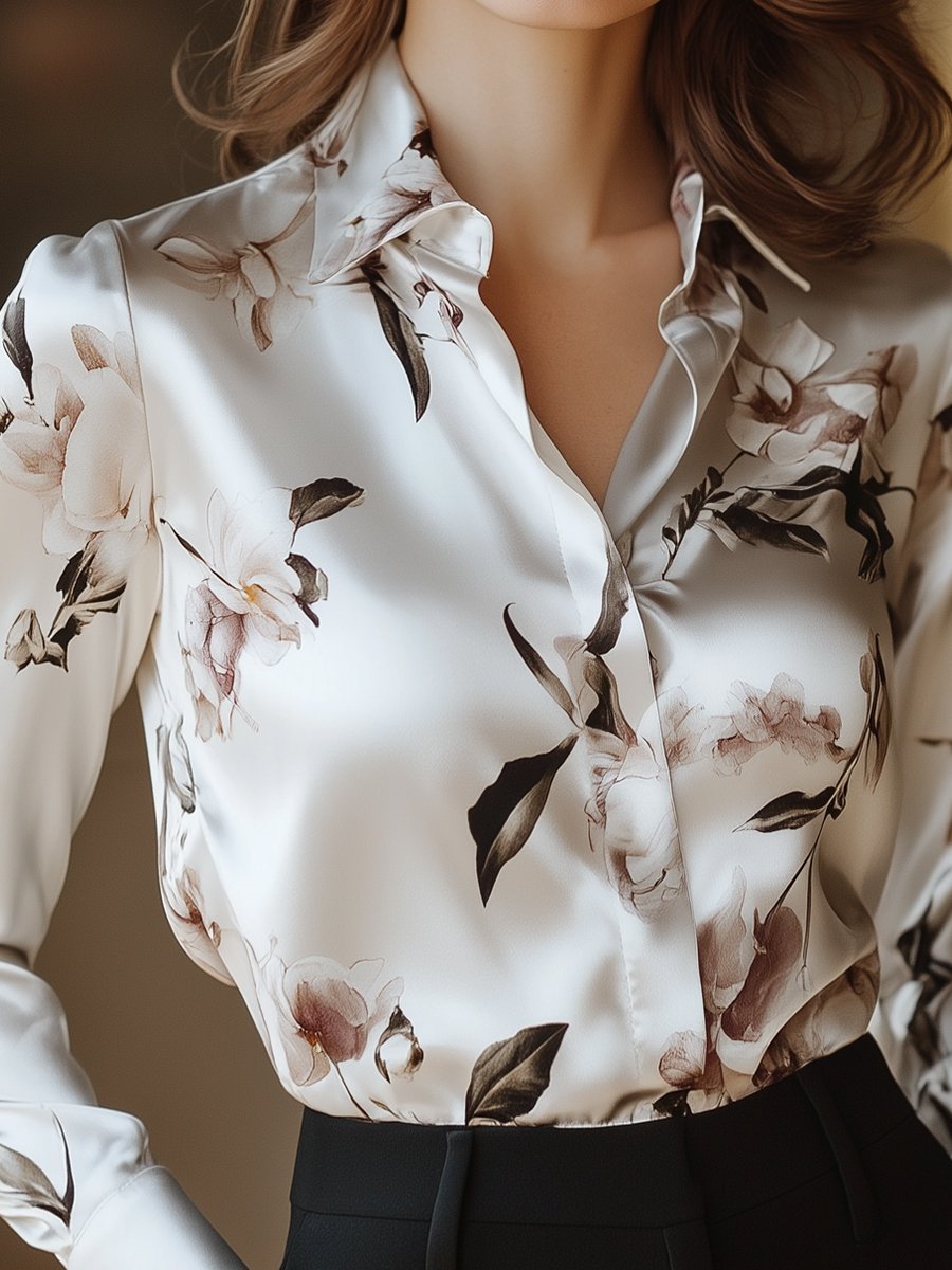 Modern Satin Printed Blouse with Magnolia Pattern Elegance