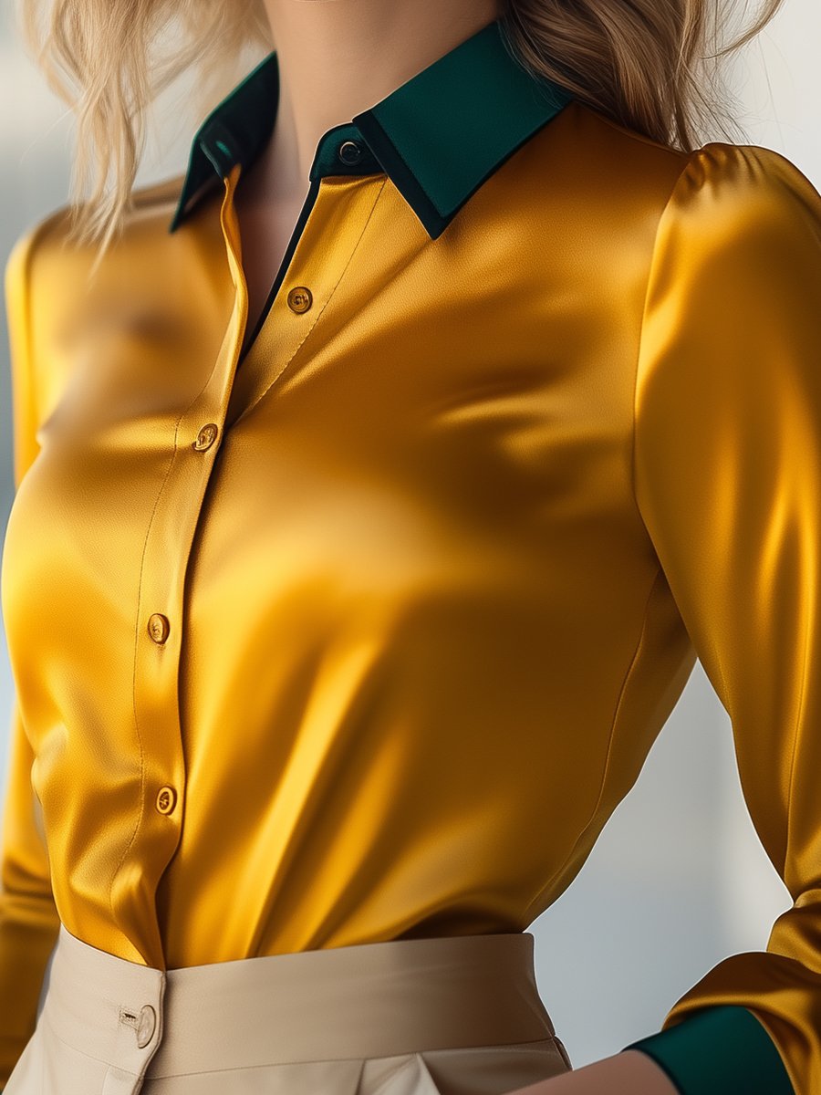 Golden Satin Blouse with Forest Green Contrast Collar