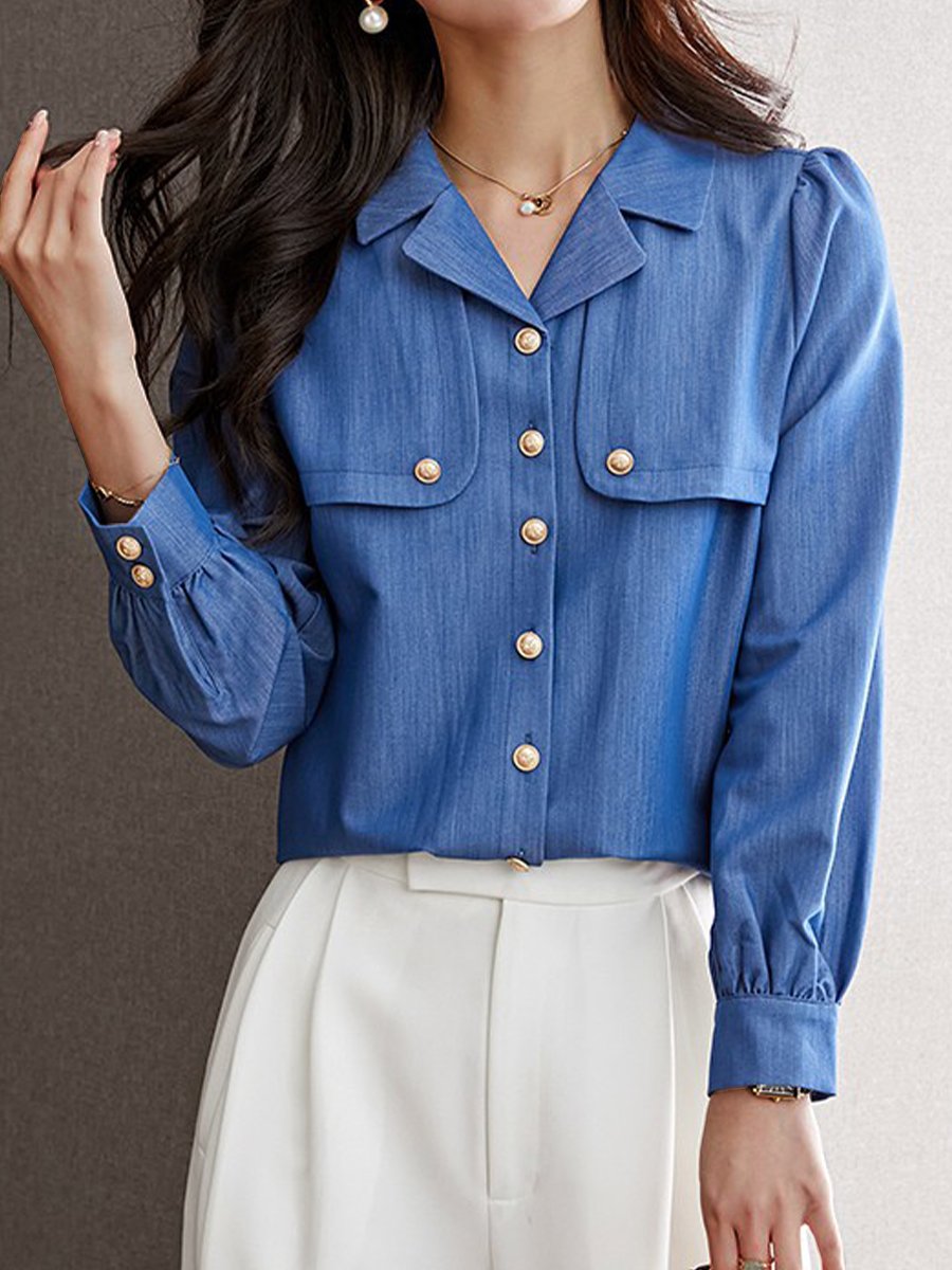 Chic Blue Button-Up Blouse with Gold Buttons