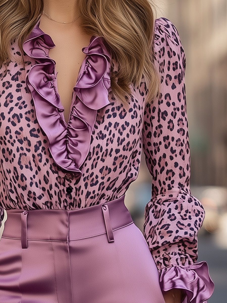 Elegant Pink Leopard Satin Blouse with Ruffled V-Neck Details