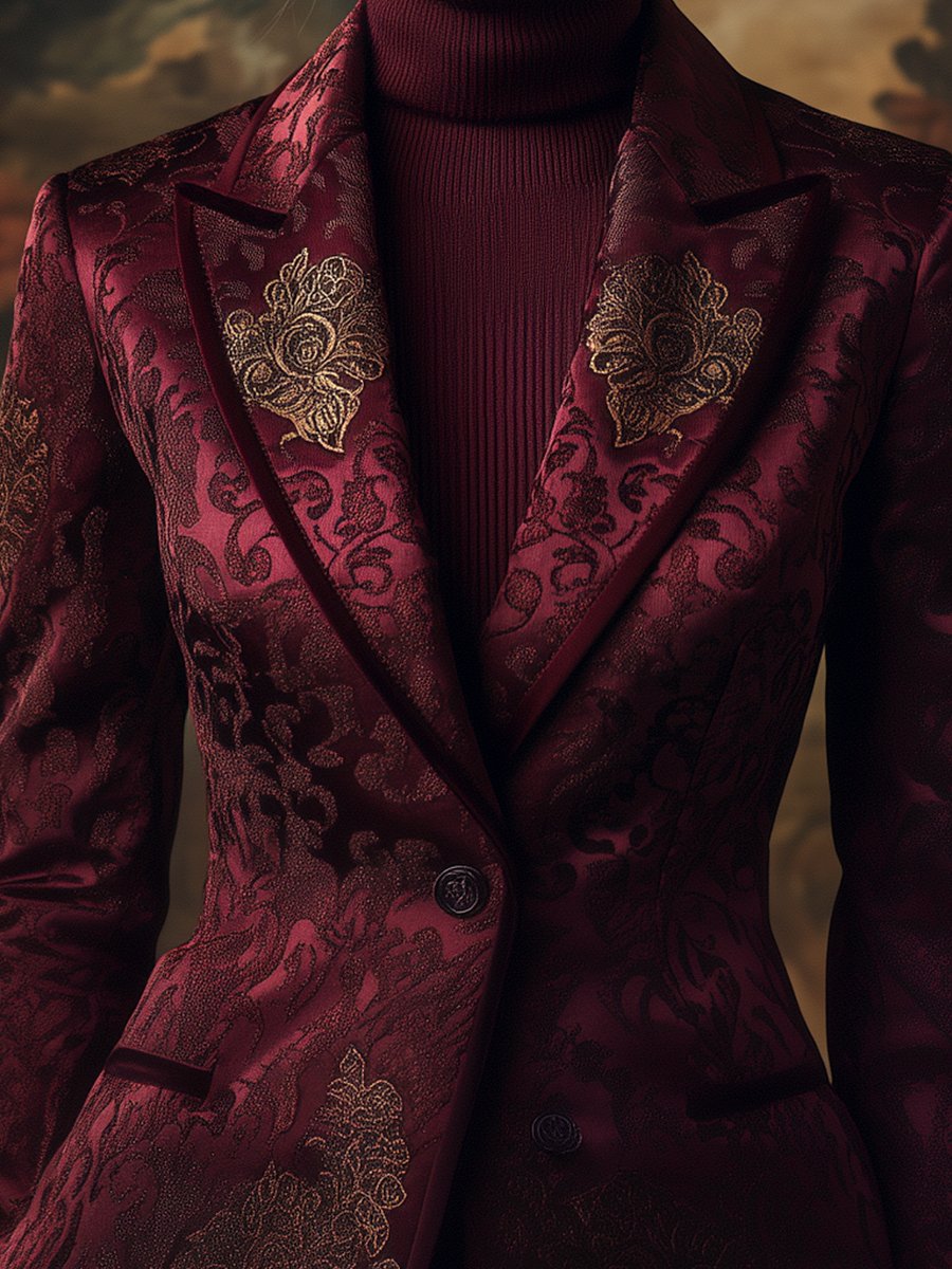 Burgundy Jacquard Blazer with Intricate Floral Pattern