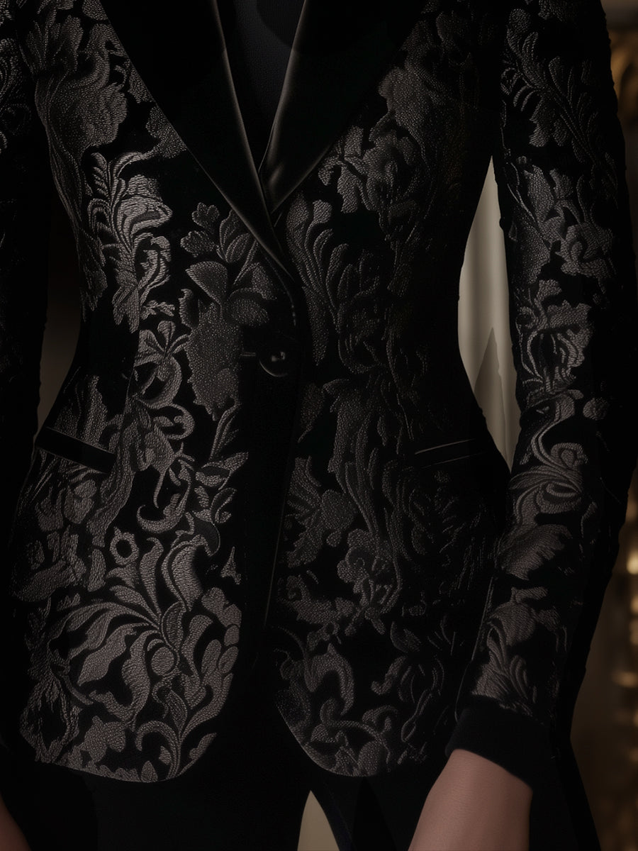 Black Baroque Jacquard Blazer with Velvet Lapels and Intricate Floral Pattern