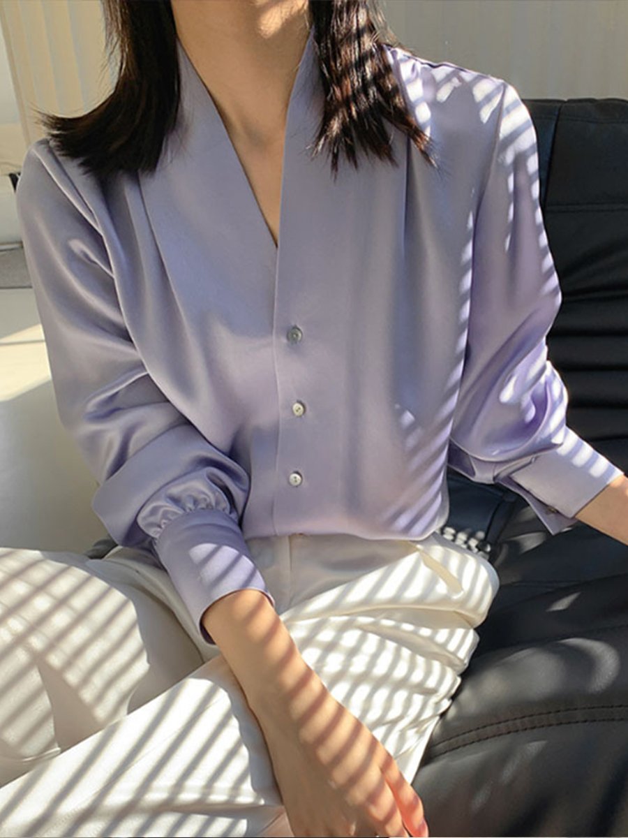 Royal Blue Satin Blouse with Deep V-neck