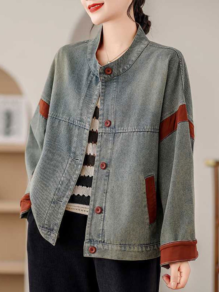 Casual Button-Up Denim Jacket with Brown Accent Trim