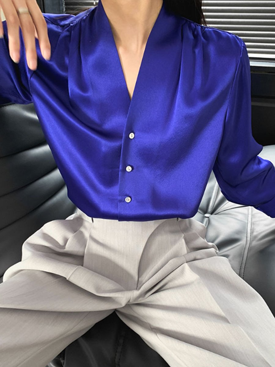 Royal Blue Satin Blouse with Deep V-neck