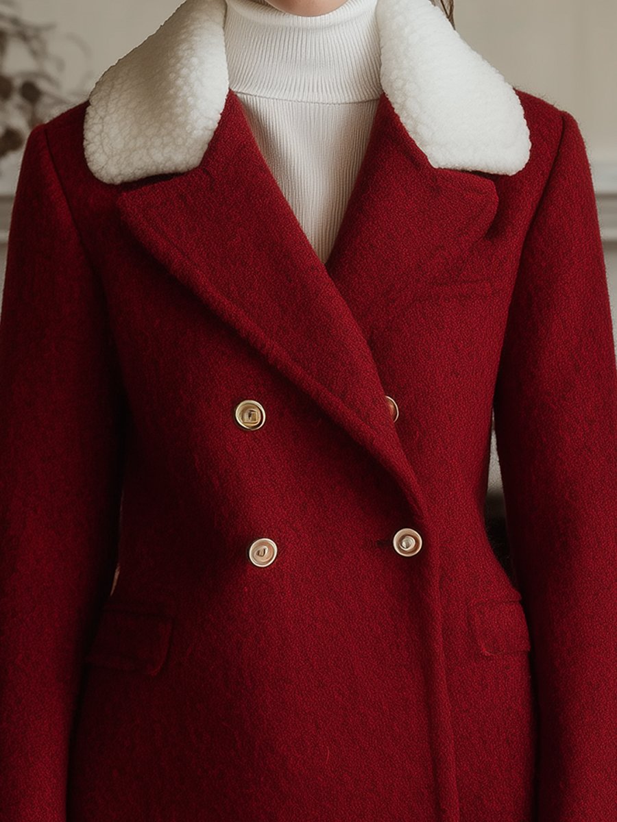 Elegant Red Wool Blazer with Shearling Collar and Gold Buttons
