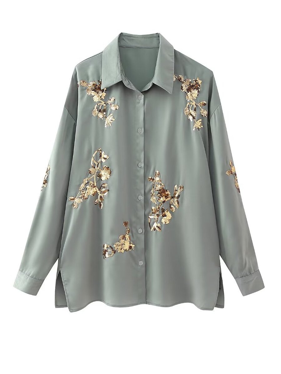 Sequin Embroidered Loose Long-Sleeved Blouse