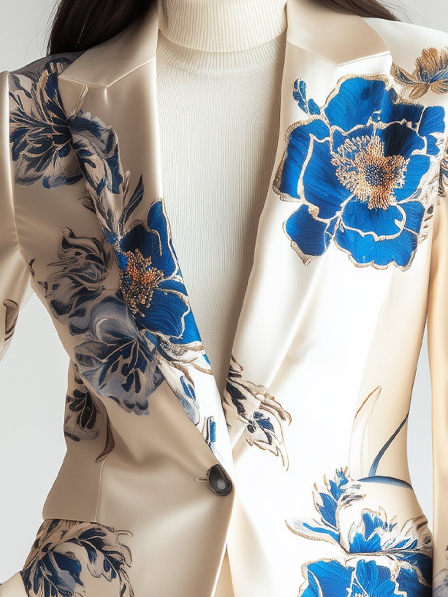 Classic Ivory Satin Blazer with Blue Floral Accents