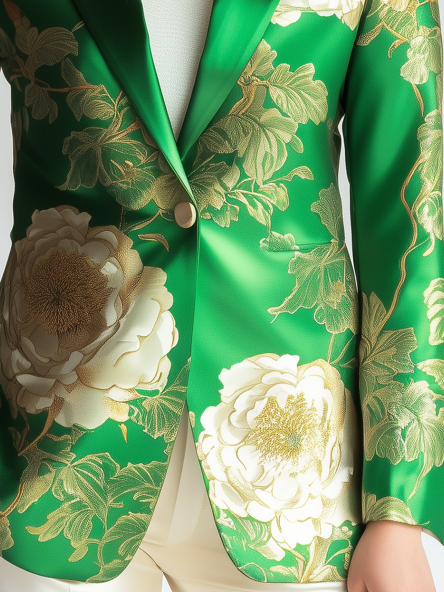 Vibrant Green Satin Blazer with Bold Peony Floral Print