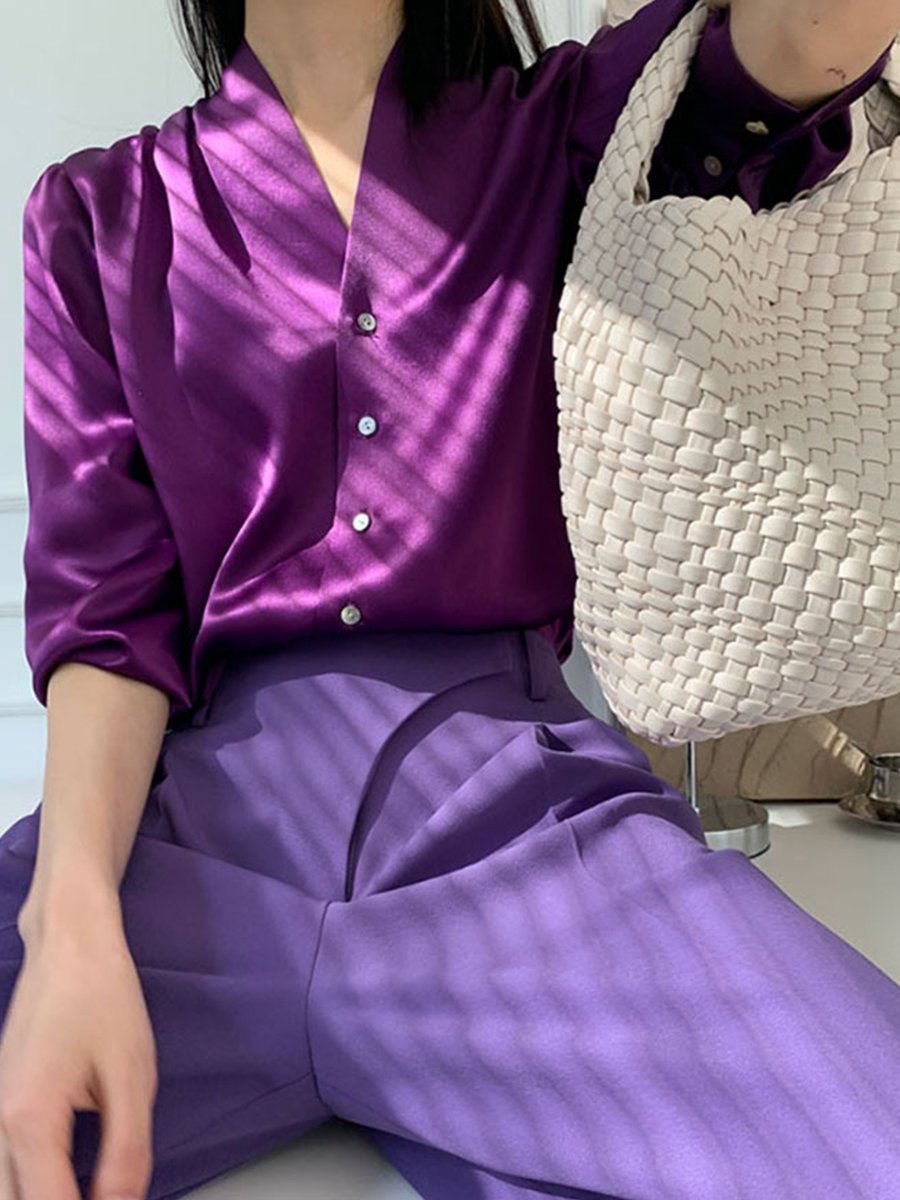 Royal Blue Satin Blouse with Deep V-neck