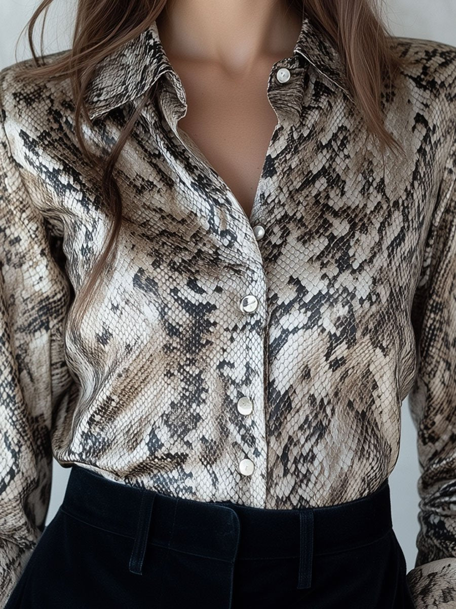Chic Snakeskin Print Satin Blouse