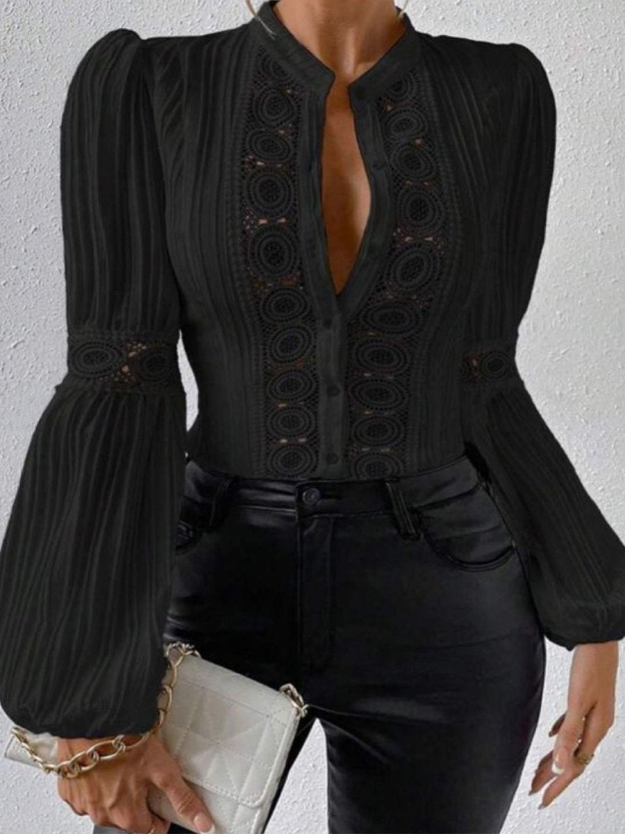 Sophisticated Long-Sleeve Lace Trim Blouse