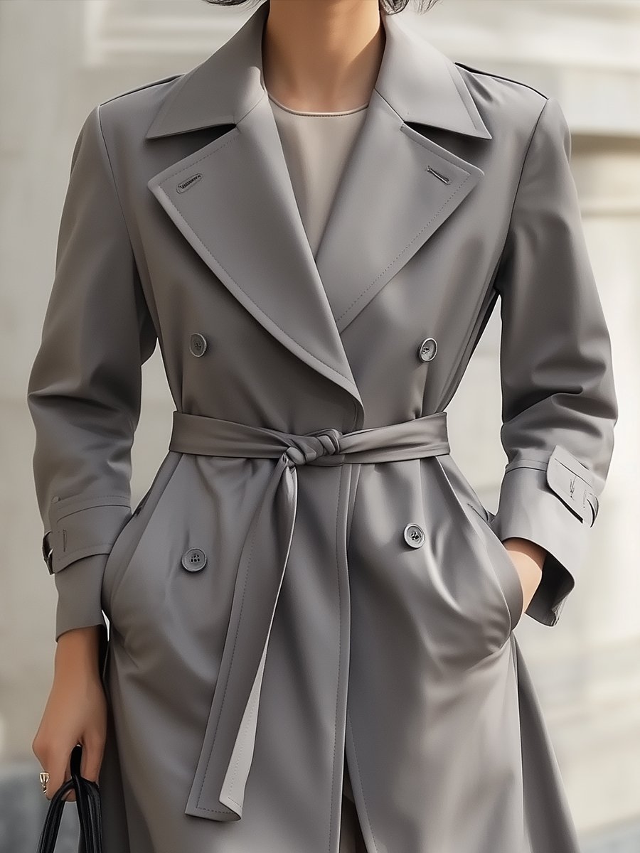 Classic Double-Breasted Belted Trench Coat In Grey
