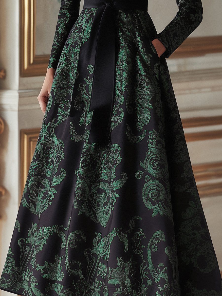 Green and Black Satin Jacquard Dress with Intricate Paisley Floral Motifs