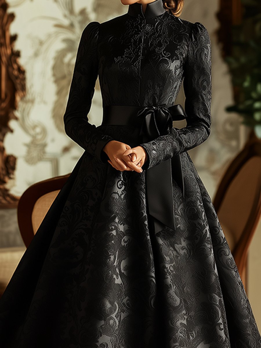 Classic Black Satin Jacquard Dress with Intricate Floral Detailing