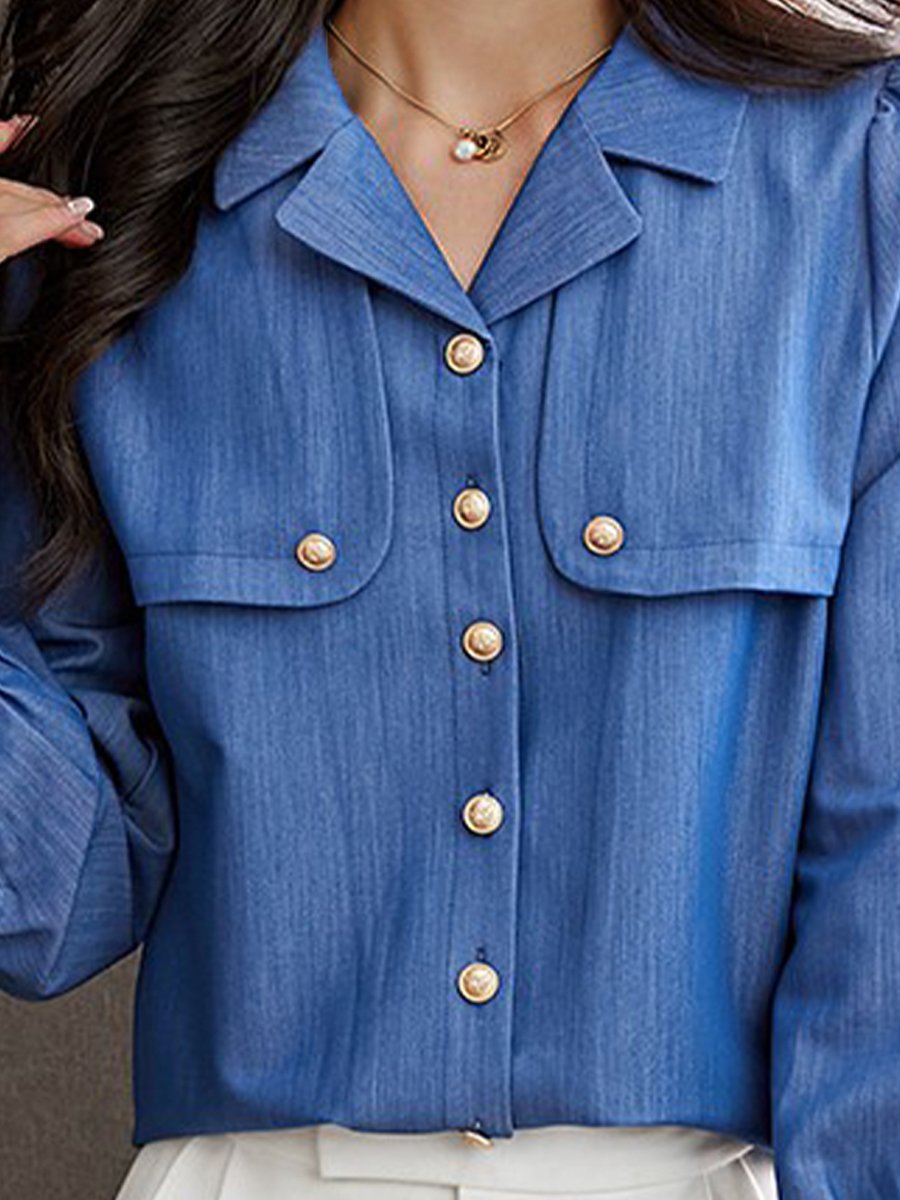 Chic Blue Button-Up Blouse with Gold Buttons