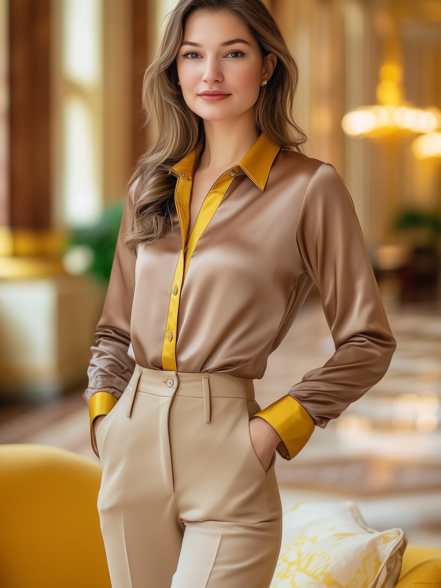 Warm Light Brown Satin Blouse with Golden Yellow Details