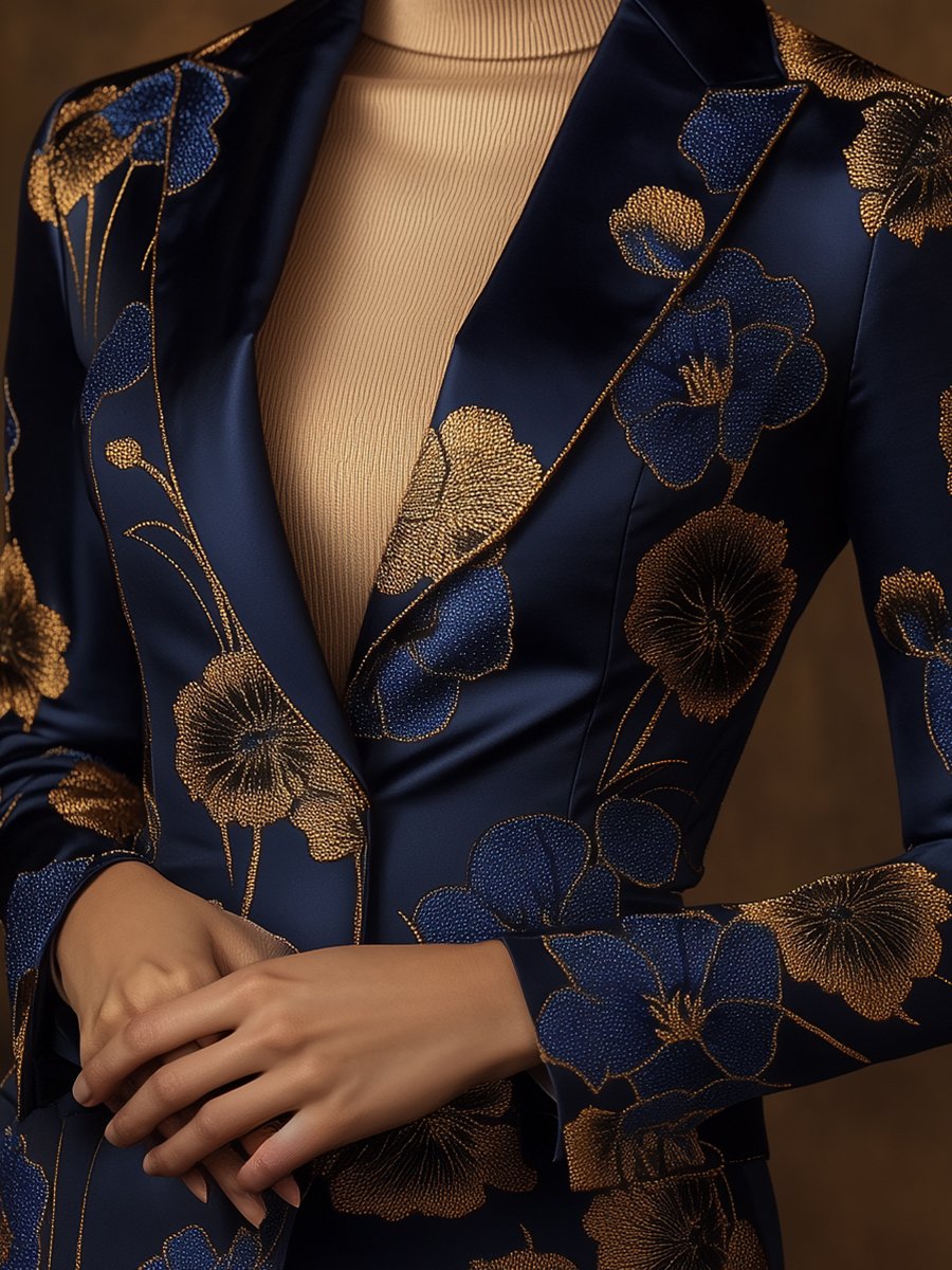 Navy Satin Blazer with Golden Floral Printed