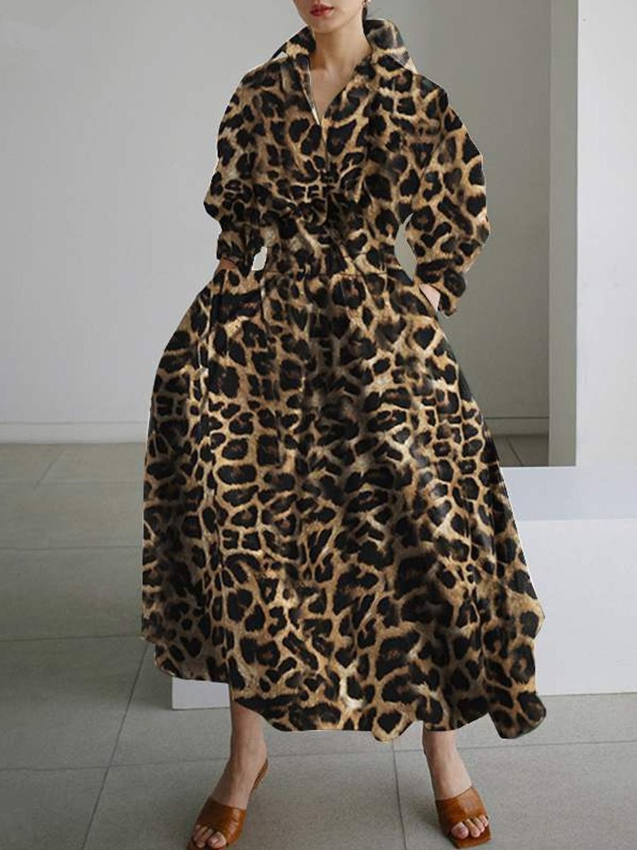 Casual Leopard Cotton And Linen Elastic Waist Dress