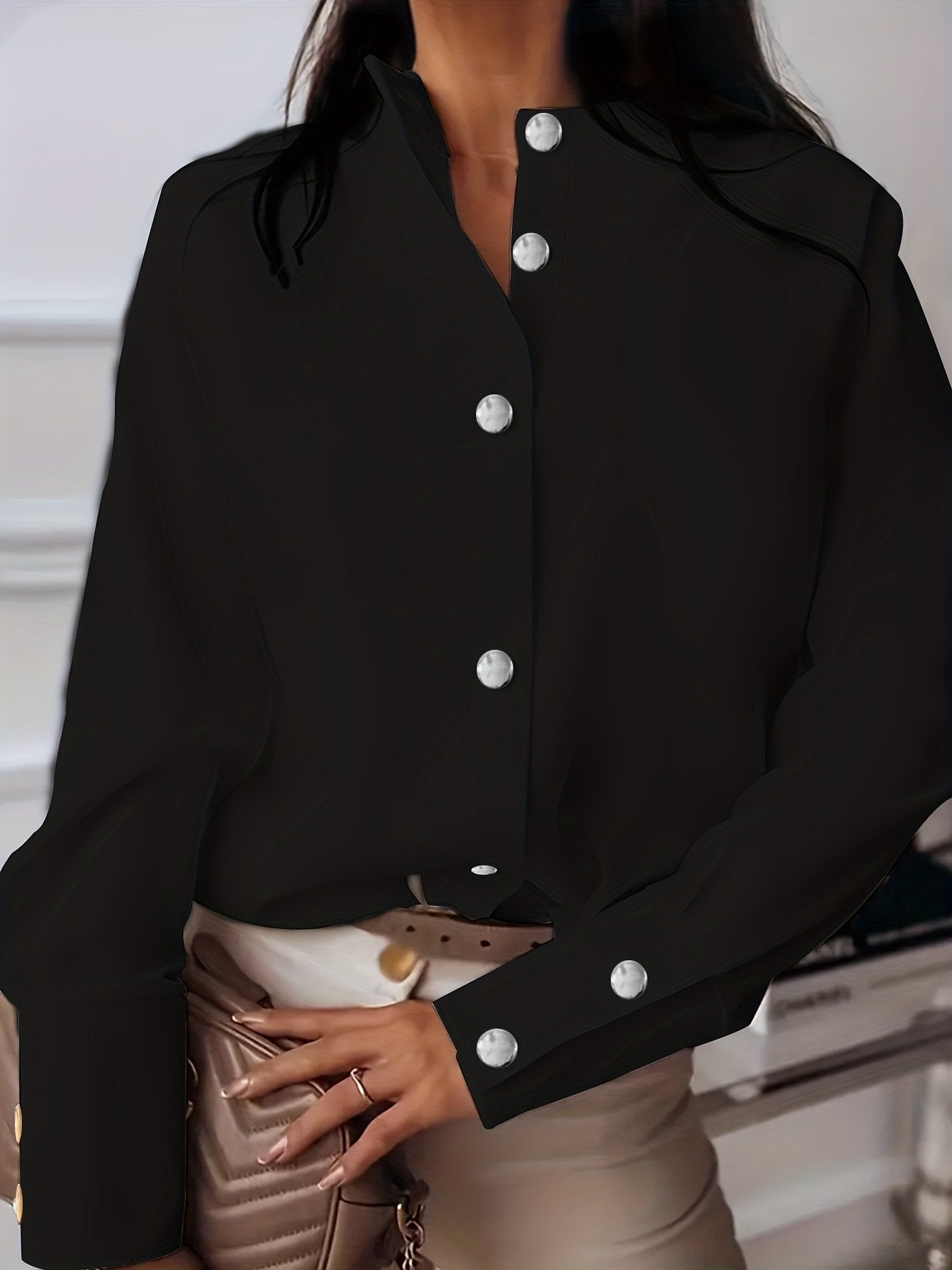 Solid Color Metal Button Small Stand Collar Long Sleeve Shirt