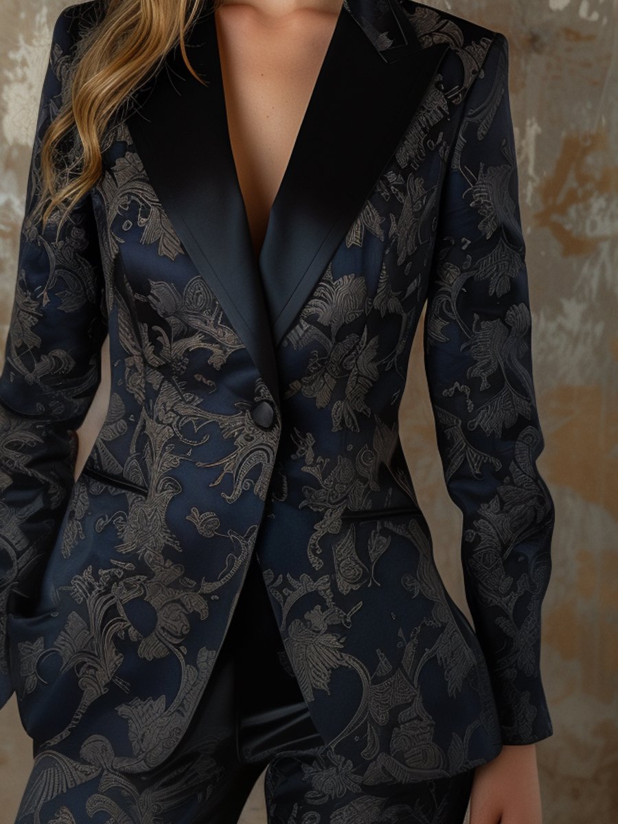 Navy Black Satin Jacquard Blazer