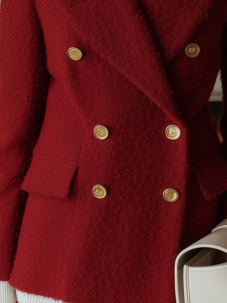 Elegant Red Woolen Blazer with Shearling Collar