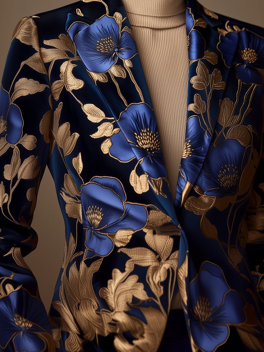 Royal Blue Satin Blazer with Golden Floral Printed