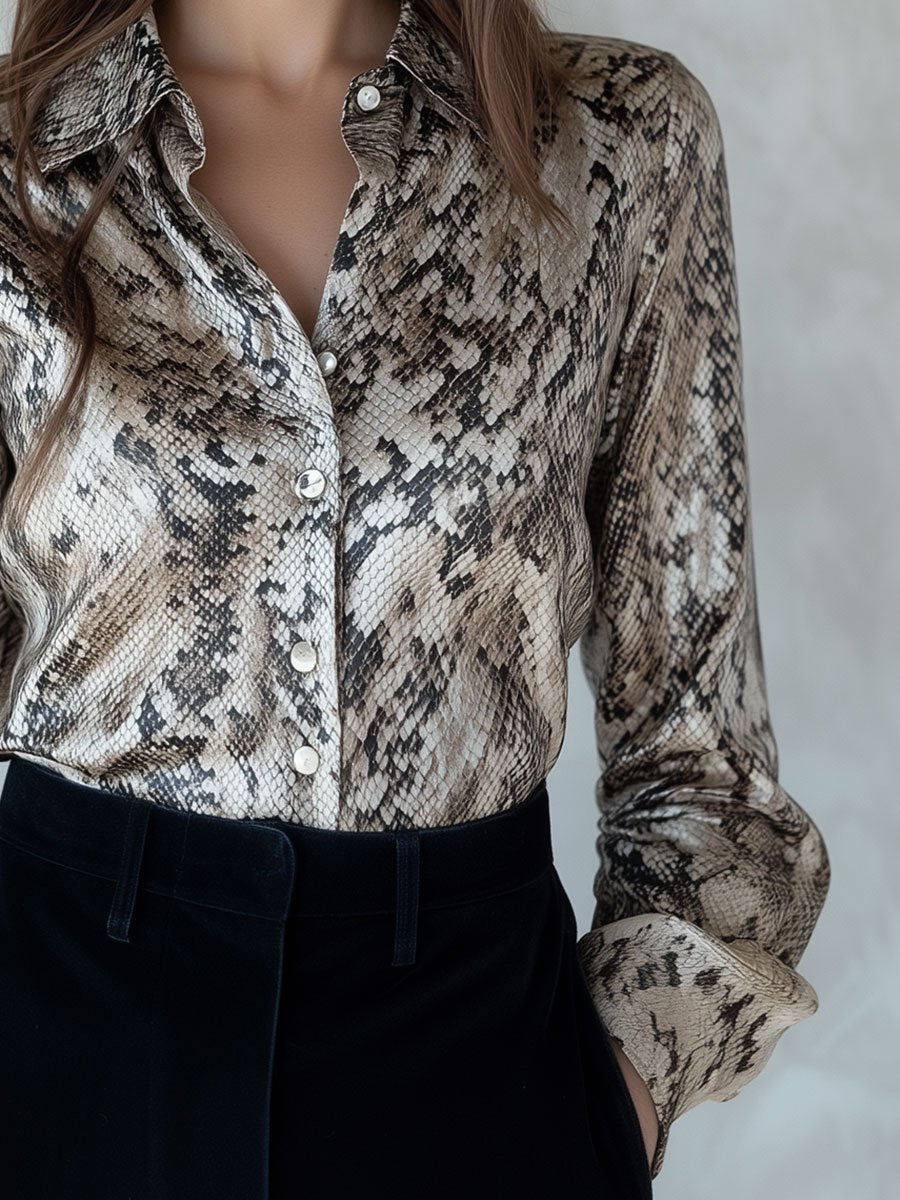 Chic Snakeskin Print Satin Blouse