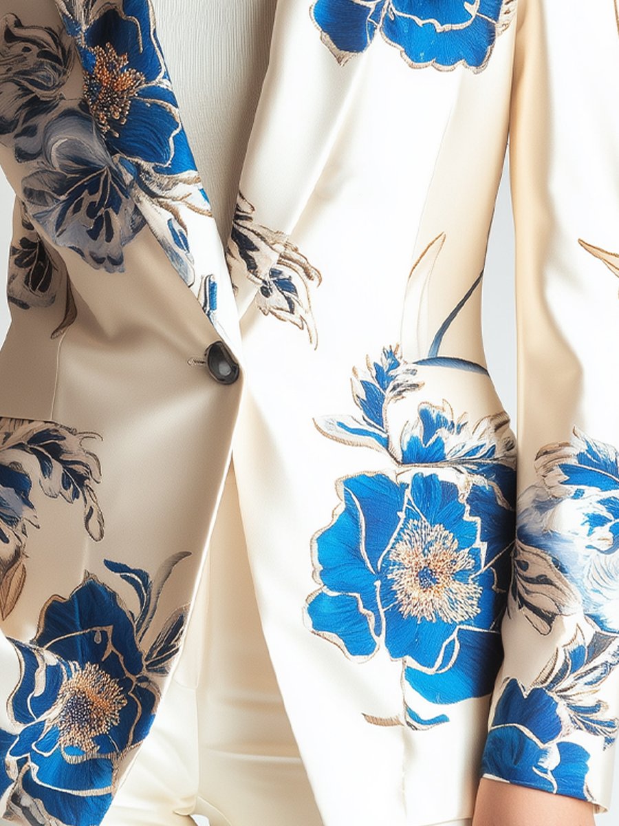 Classic Ivory Satin Blazer with Blue Floral Accents