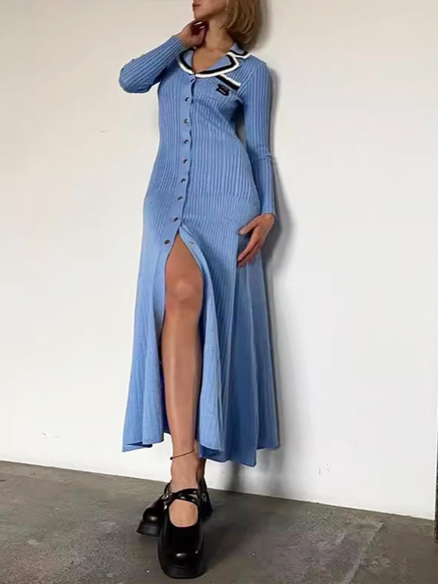Embroidered Polo Neck Long Sleeve Knit Dress