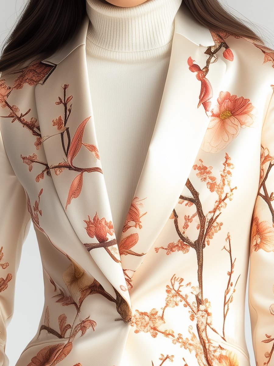 Ivory Satin Blazer with Warm Autumn Blossoms