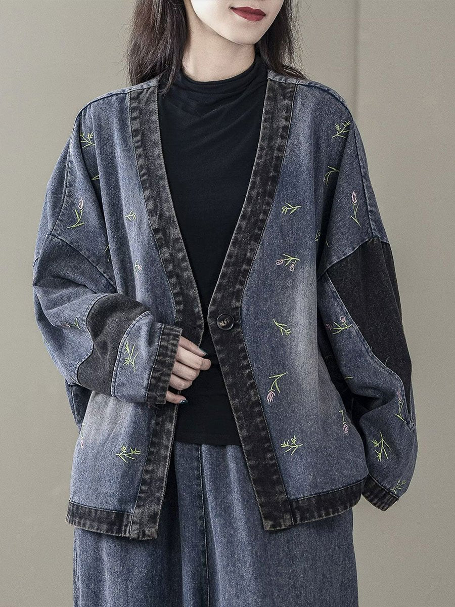 Floral Embroidered Denim Cardigan with Patchwork Details