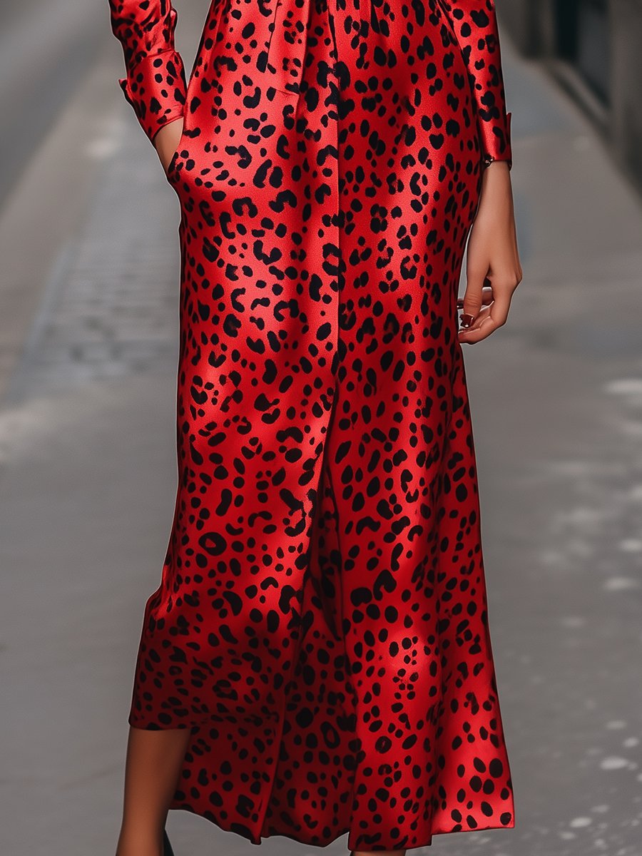 Fiery Red Leopard Satin Dress