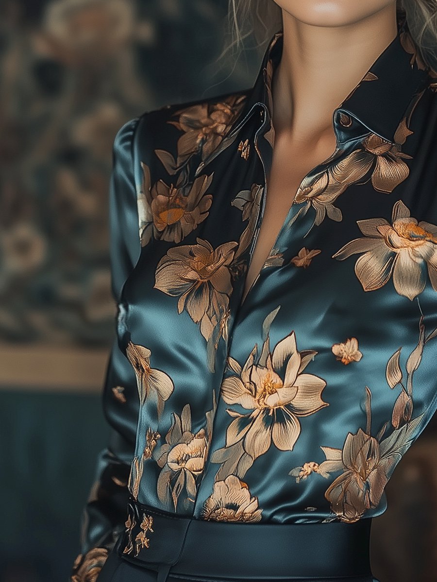 Golden Lotus Floral Satin Printed Blouse