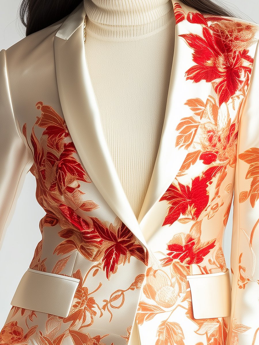 Elegant Ivory Satin Blazer with Bold Red and Gold Florals