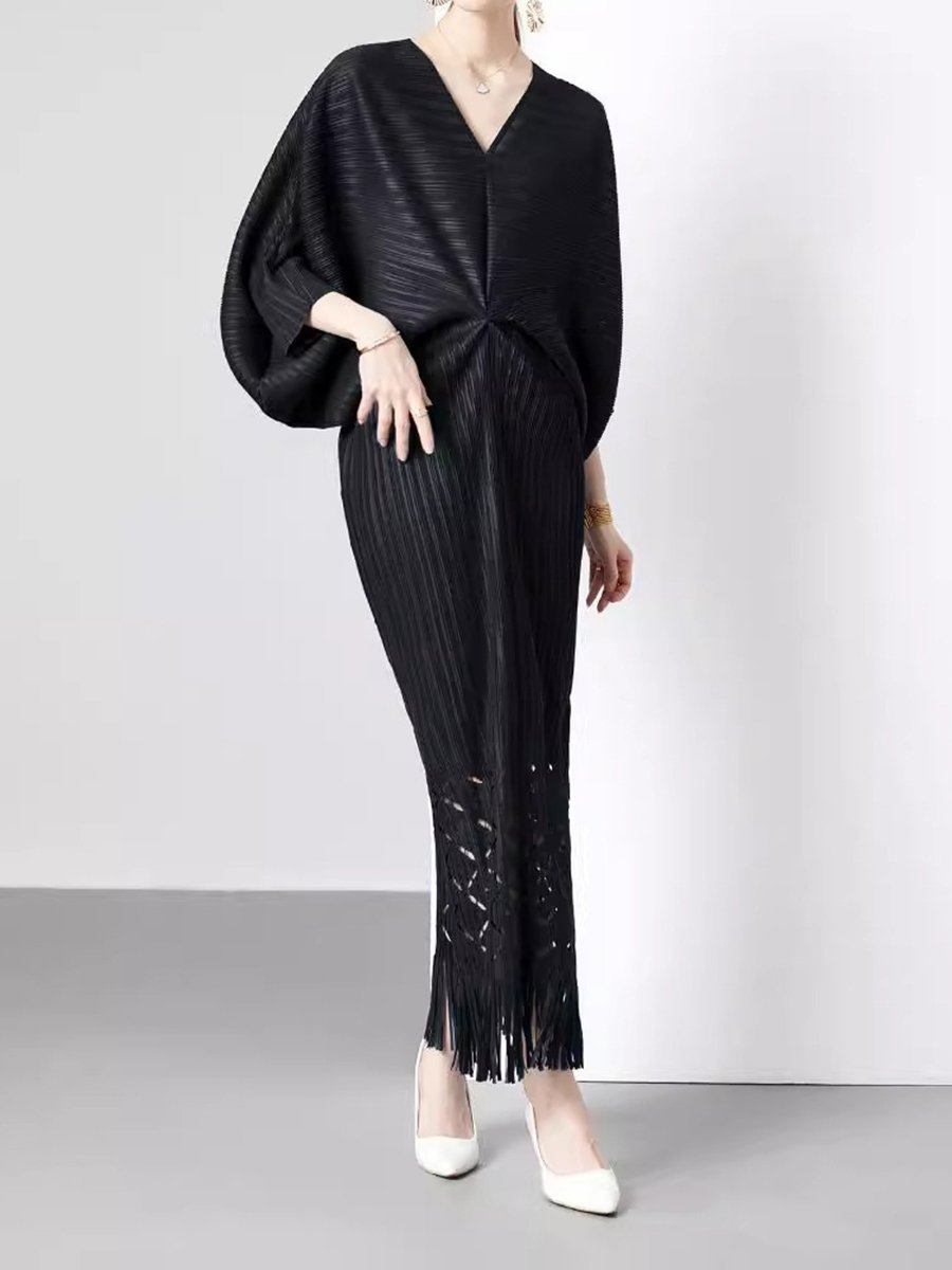 Loose Bat Sleeves V-neck Fishtail Fringed Dress
