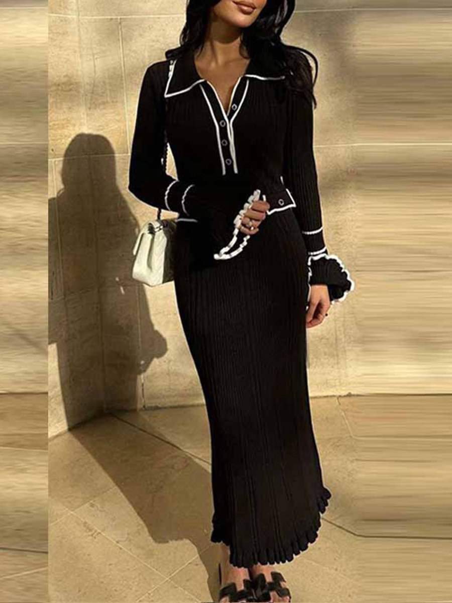 Retro Ruffle Skirt Slim Fit Knitted Dress