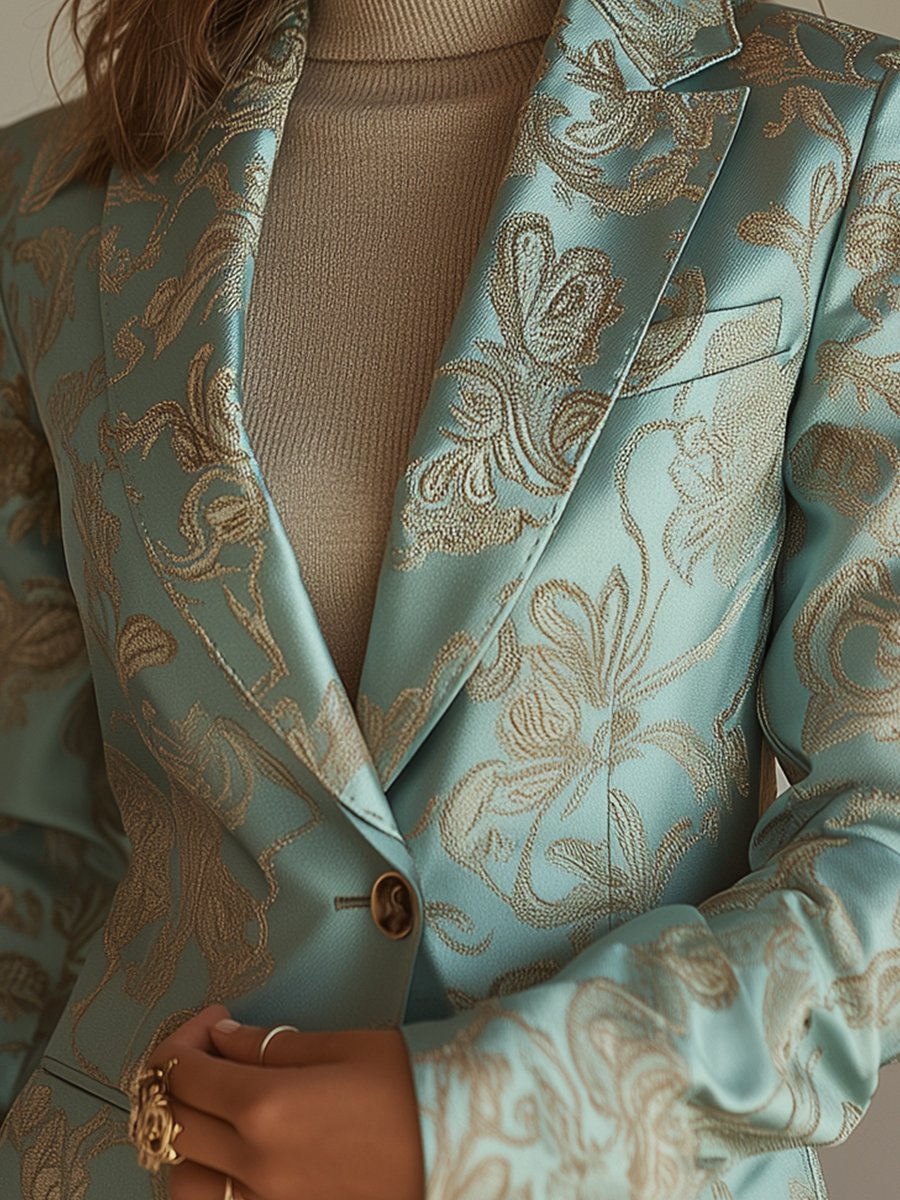 Mint Green Jacquard Blazer with Gold Floral Detailing