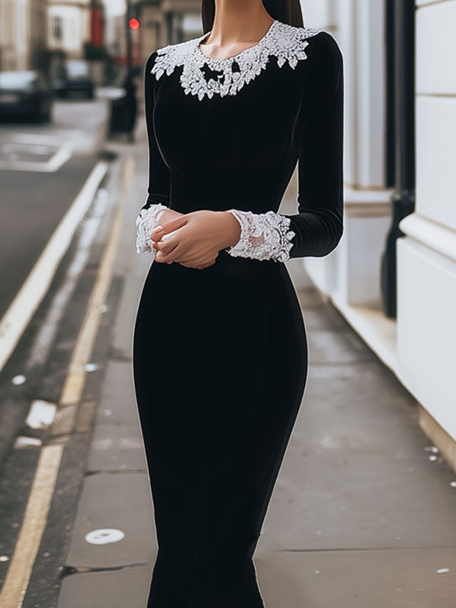Black Velvet Dress with White Lace