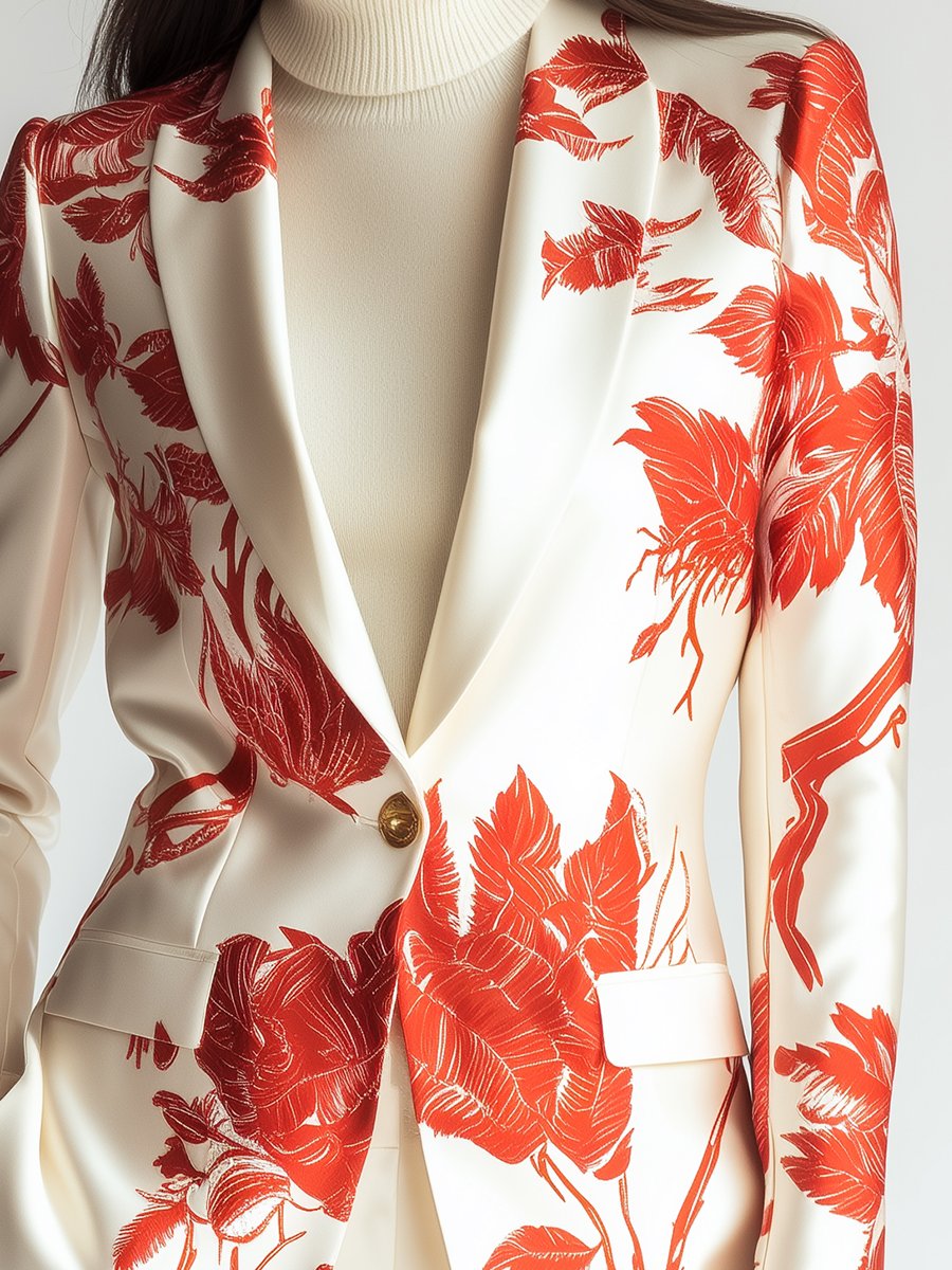 Chic Ivory Satin Blazer with Striking Red Floral Design