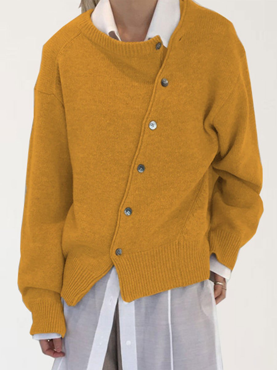 Asymmetric Buttoned Plain Cardigan