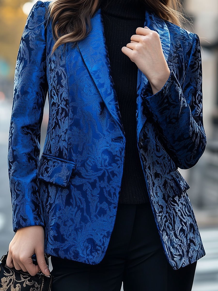 Royal Blue Jacquard Blazer with Floral Textures