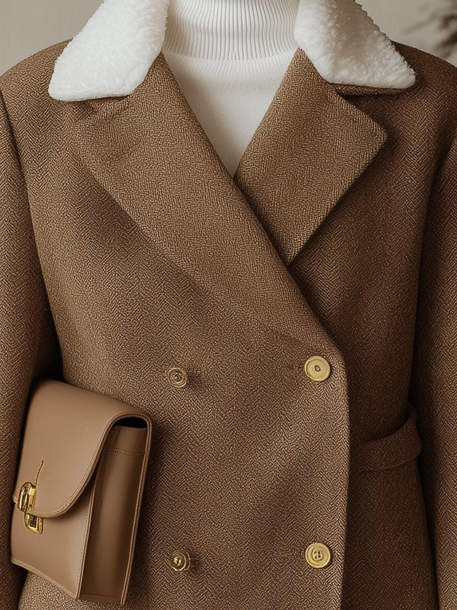 Shearling Collar Herringbone Blazer in Camel Brown