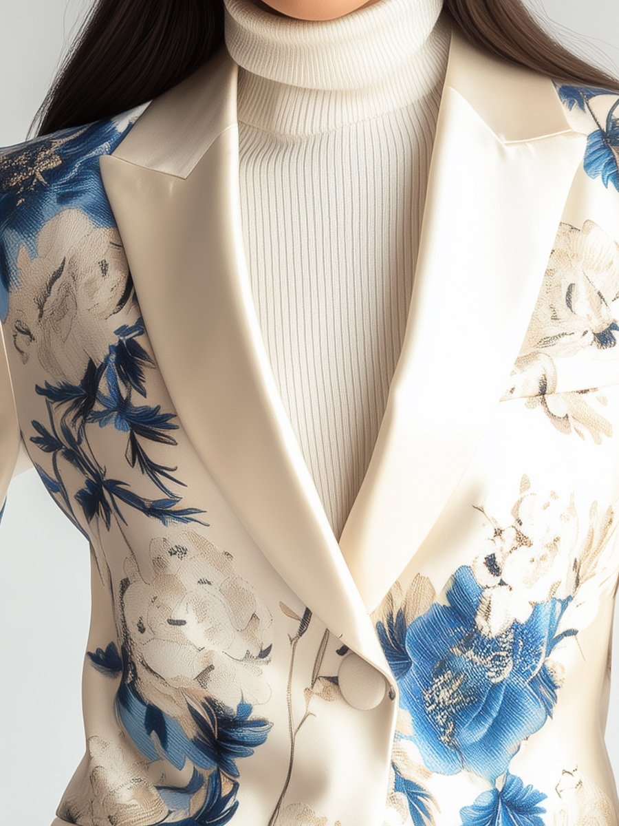 Ivory Satin Blazer with Blue Peony Elegance