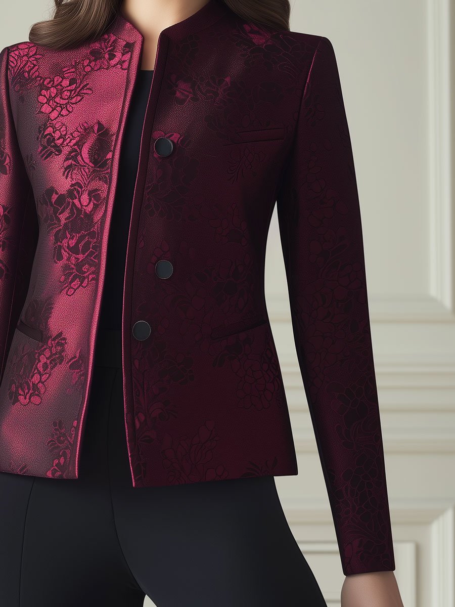 Burgundy Floral Jacquard Jacket