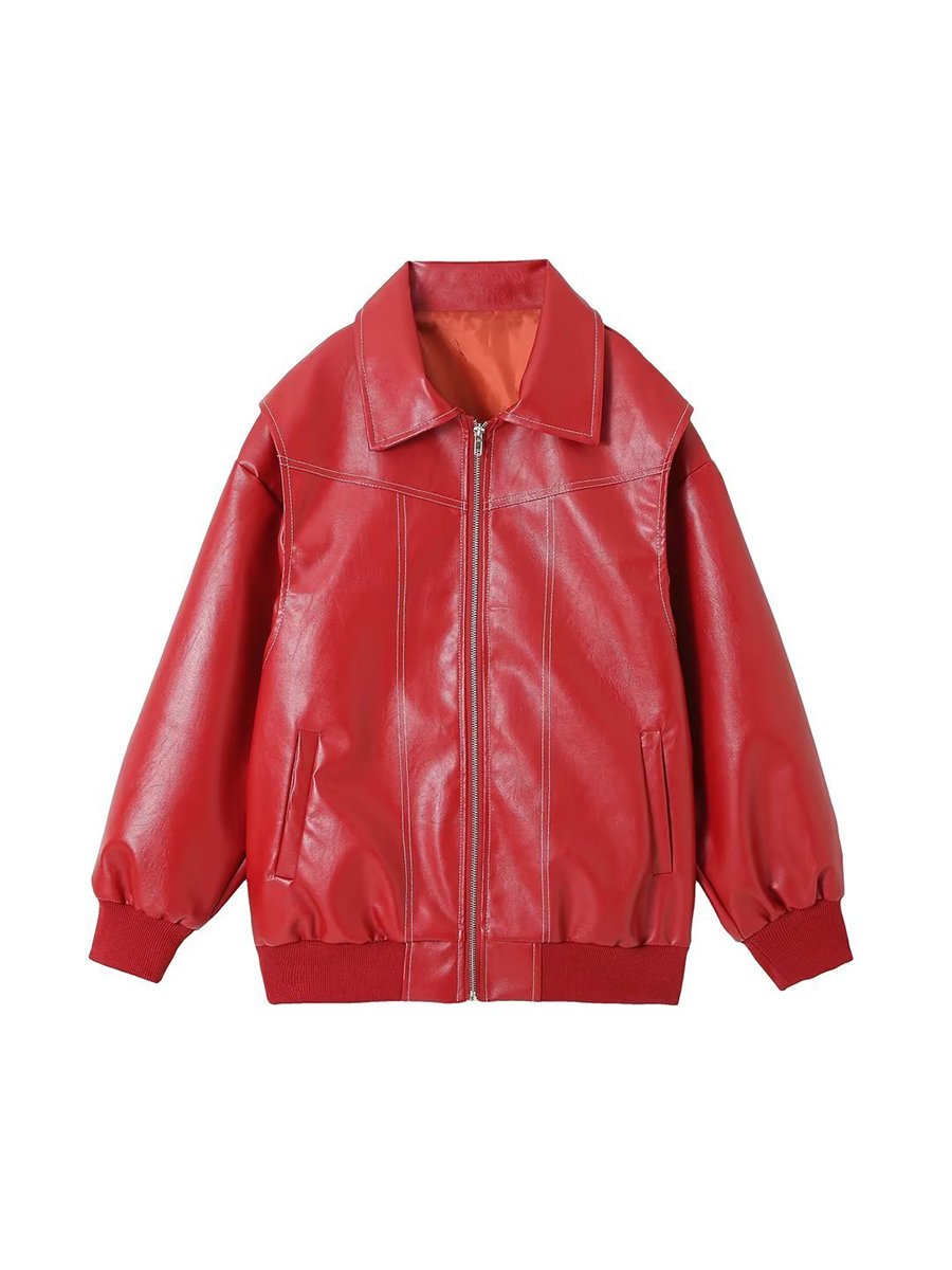 Fashionable Red Versatile Retro Leather Jacket